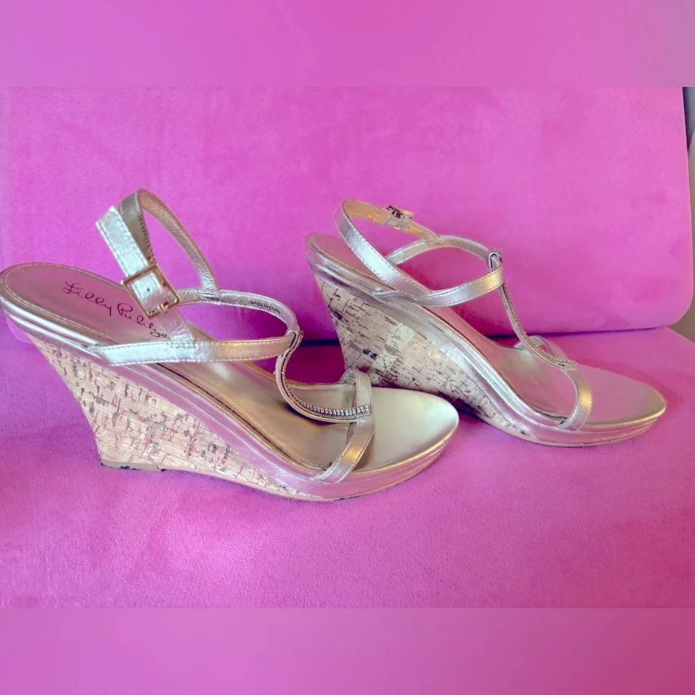 Lilly Pulitzer Metallic Gold Cork Wedge Sandals